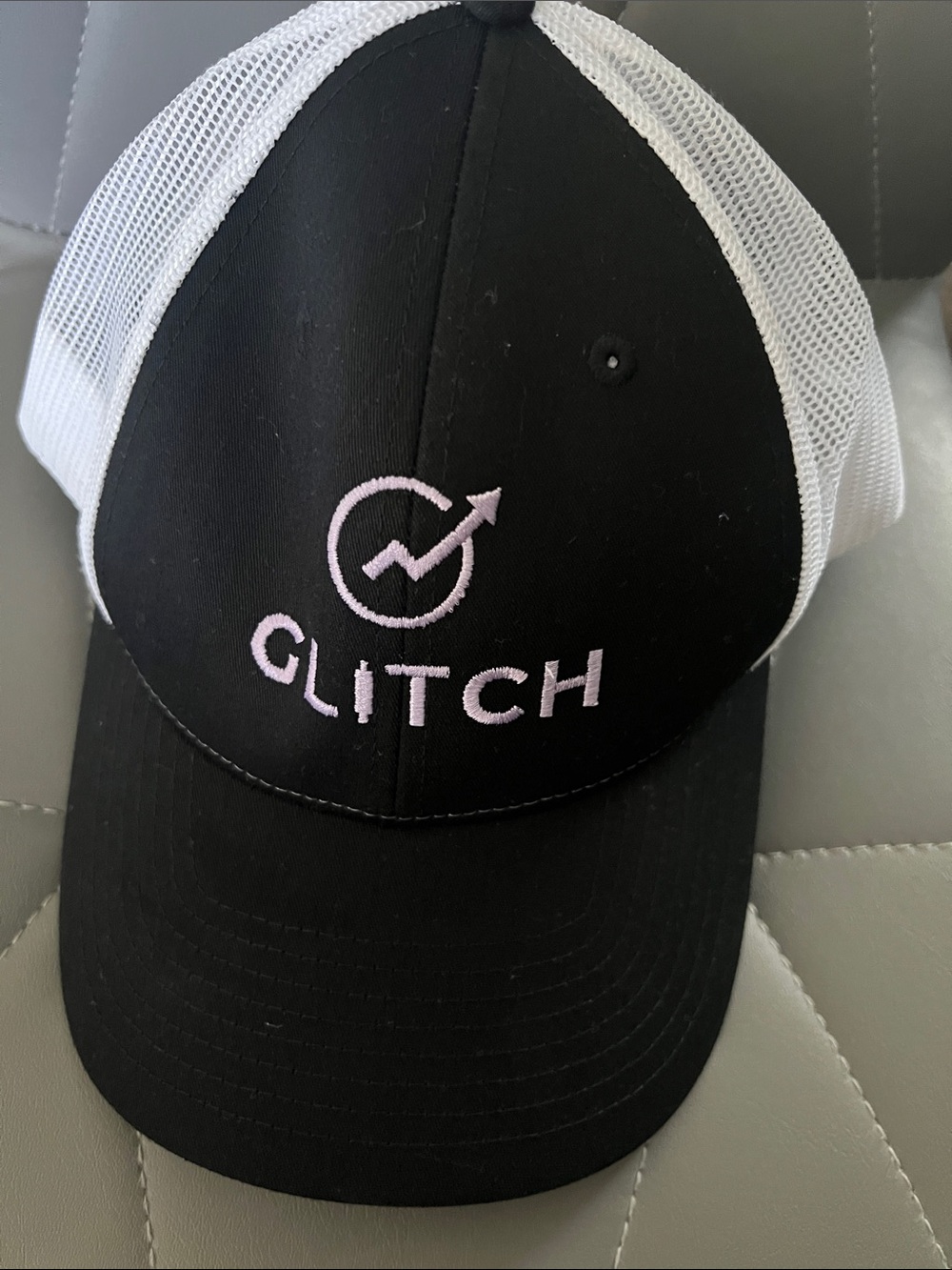 GLITCH Logo Trucker Hat - Black & White with Light Pink Embroidery